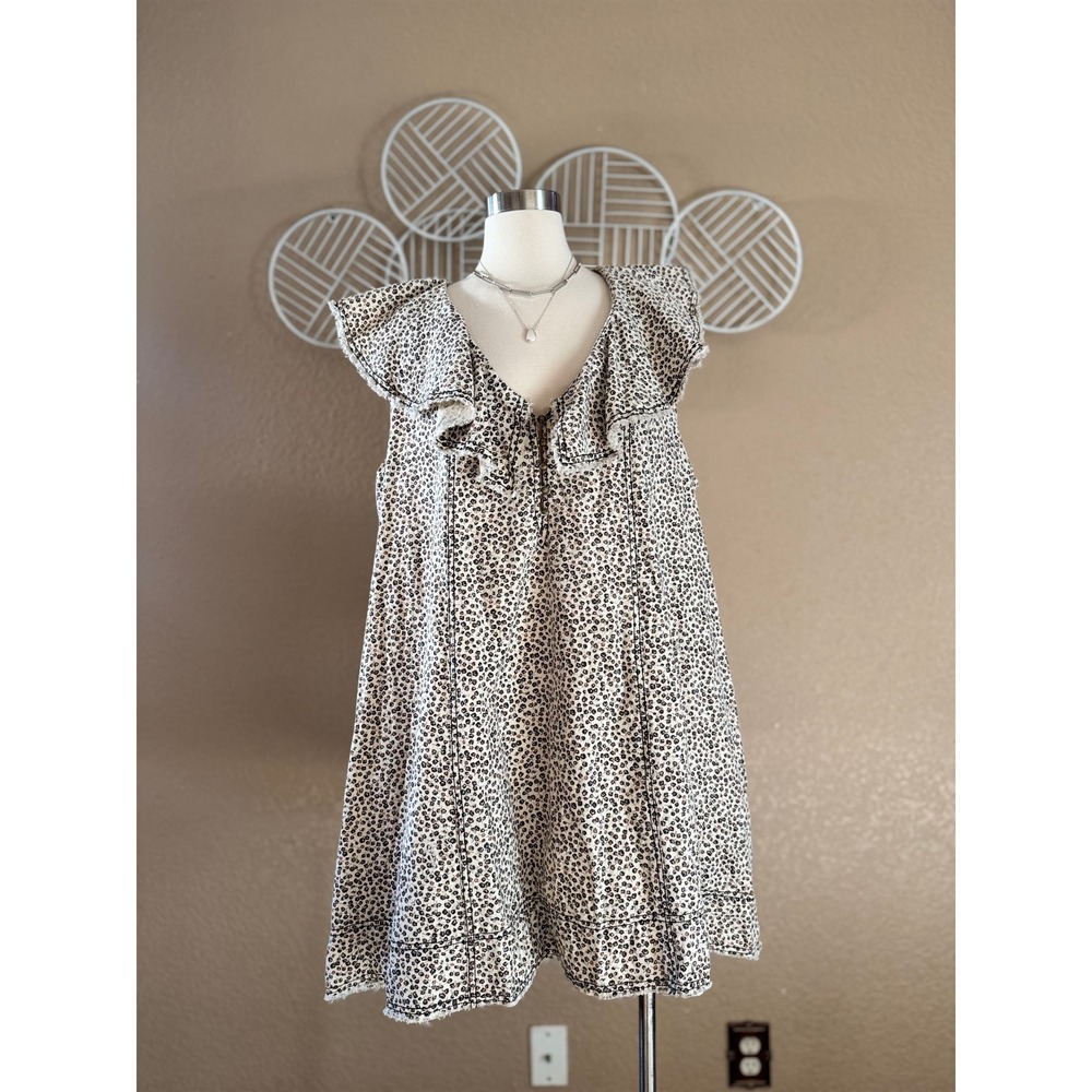 Pilcro Anthropologie Leopard Print Ruffle Collar Mini Dress XL Cotton Linen Tan